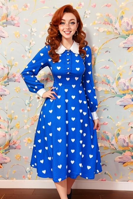 h34rtsblu3,long sleeves,dress,blue dress,heart pattern,polka dot heart dress, collared dress,