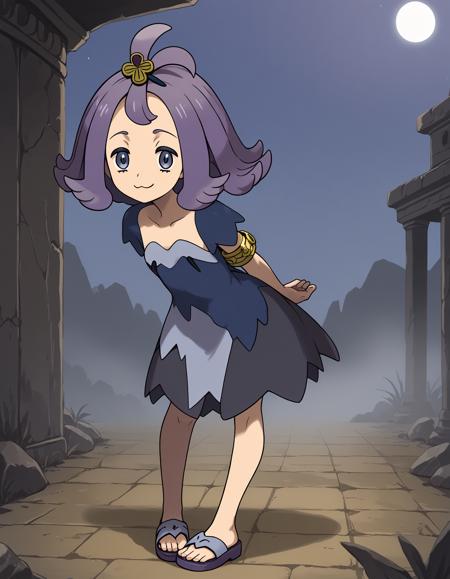 acerola \(pokemon\), purple hair, hairpin, hair ornament, :3 dress, torn dress, blue dress, grey dress, multicolored clothes, stitches,short sleeves armlet, sandals