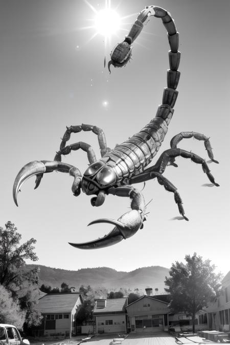 (Realistic:1.5) EdobScorpion, plant, greyscale, taur, cannon, sun, realistic, aircraft, spider web, multiple legs, extra arms, nude,  <lora:EdobScorpionArtistic_v1.0:0.8>