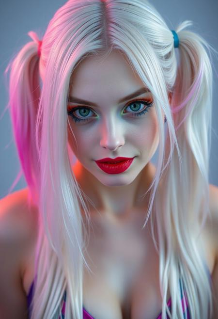 a gorgeous 20 years old caucasian woman, very pale skin, platinum blond very long hair in unkempt very long pigtails on her each head's sides in different color of cyan and pink, long red eyelashes on her left eye and long blue eyelashes on her right eye, blue mascara on her right eye and red mascara on her left eye, purple eyeliner define her big beautiful amber eyes, green glittering eyeshadow on her right eyelid and orange glittering eyeshadow on her left eyelid, luscious sensual red glossy lips, rouge, sexy curves, big breasts, sexy feminine latex dress with cleavage in cyan-pink pattern, looking at viewer naughty and playfully, seductive smirk