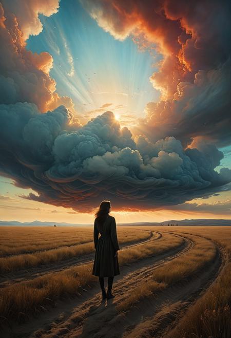 (art by Eduard Wilhelm Pose and Master of the Holy Blood and Ivan Bilibin:1.1)(oxygen-rich air and sheltered atmosphere,, aesthetic of hard - edge painting:0.1) (ingenious opus magnum by Michael Vincent Manalo and Elvira Vigna:1.2), (pastel oil painting:0.1)
"Surreal Sky Fragments": Square frames are scattered across a barren field, each one capturing a different fragment of the surreal sky above. The sky is filled with swirling clouds, vivid colors, and ethereal light, reminiscent of Beksinski's abstract paintings. A silhouette figure lies within each frame, their form blending with the surreal beauty of the sky. The post-processing enhances the dreamlike quality, adding a soft focus and a subtle glow to the ethereal light, creating a sense of otherworldly peace.
