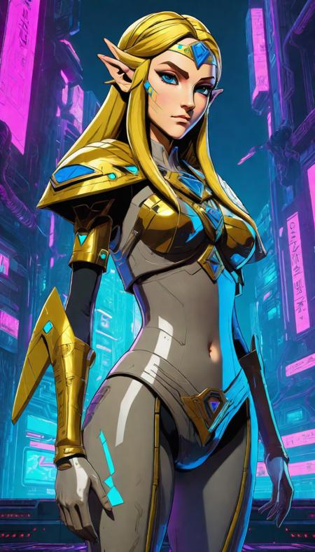 Princess Zelda, reimagined in a cyberpunk universe, cyberpunk style, augmentation, cybernetics, cinematic scene, hero view, action pose, beautiful 8k, masterpiece, best quality, high quality, absurdres, Vector art, Vivid colors, Clean lines, Sharp edges, Minimalist, Precise geometry, Simplistic, Smooth curves, Bold outlines, Crisp shapes, Flat colors, Illustration art piece, High contrast shadows, Technical illustration, Graphic design, Vector graphics, High contrast, Precision artwork, Linear compositions, Scalable artwork, Digital art,