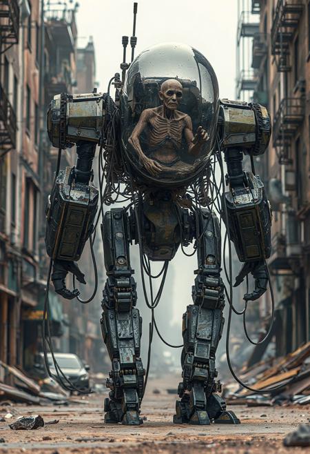 tall walking mecha robot with a lot of dangling cables and visible machinery in a broken urban setting. The robot has a backpack with a glass dome. Inside the dome is the withered remains of an old human. The human is used to power the robot and is connected with cables. realistic, the robot is posed in a combat position, like mechanical warrior. 4k, futuristic, fallout-inspired, Retrofuturism, atomic-punk
