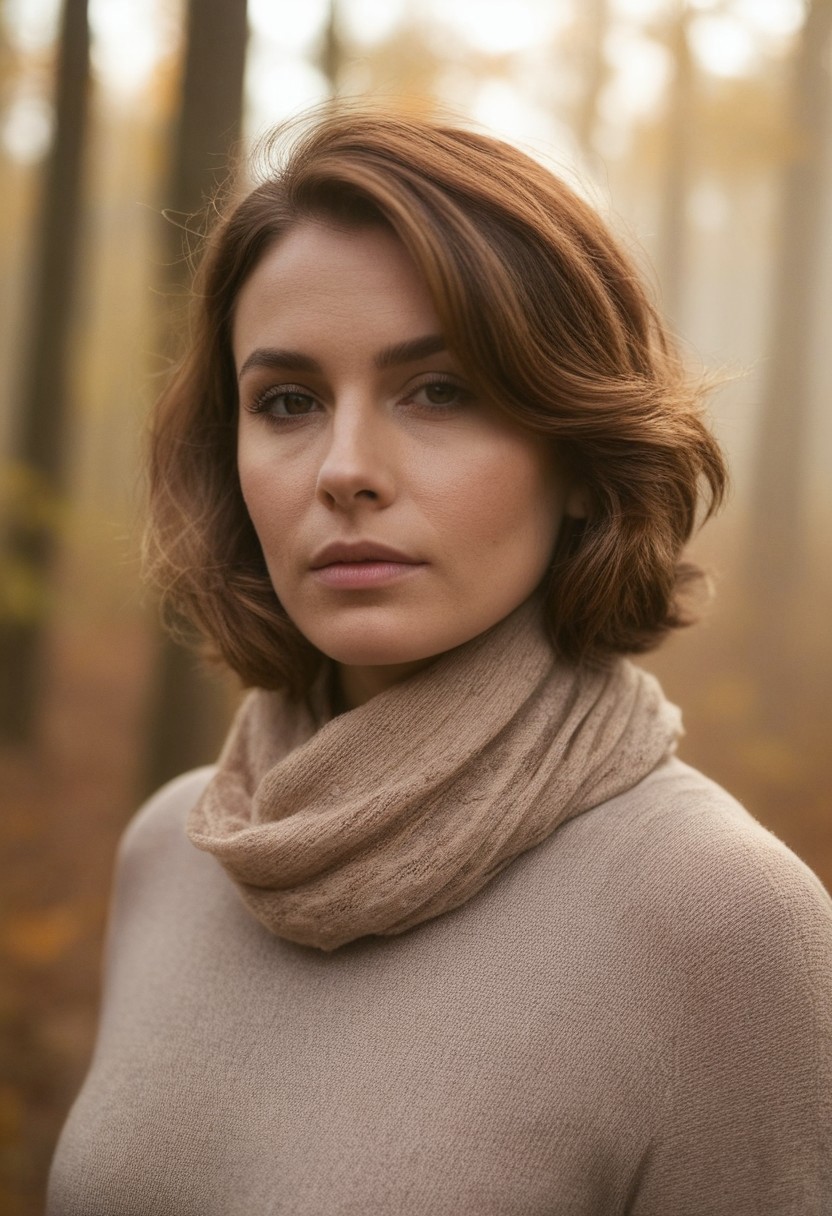 skin roughness, (closeup:2), (warm friendly looks), (taking a walk), ((arched eyebrows)), striking face, ((prominent nose)), (portrait:2),30 year old woman, wavy auburn bob ,natural skin, looking away, full lips, brown eyes,, (soft warm light), forest, (((fog))), , autumn, (cinematic, film grain:1.1, bokeh), open cozy beige pullover, beige scarf, sunset,