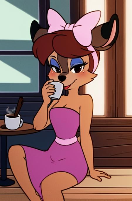 1girl, FawnDeerCzar,(furry, furry female, full body,standing), (deer nose, deer ears, deer tail, bangs, brown hair, makeup, half-closed_eyes, black eyes,  blue eyeshadow, lipstick), (pink dress, strapless dress, pink hair bow), (interior, sitting, coffee shop, crowd, chair, table, drinking coffee, coffee cup), (masterpiece:1.2), hires, (detailed face:1.2), (detailed eyes:1.2), perfect skin, ultra-high resolution, 8K, high quality, (sharp focus:1.2), clean, crisp, cinematic, <lora:Fawn_Deer-30:0.75>