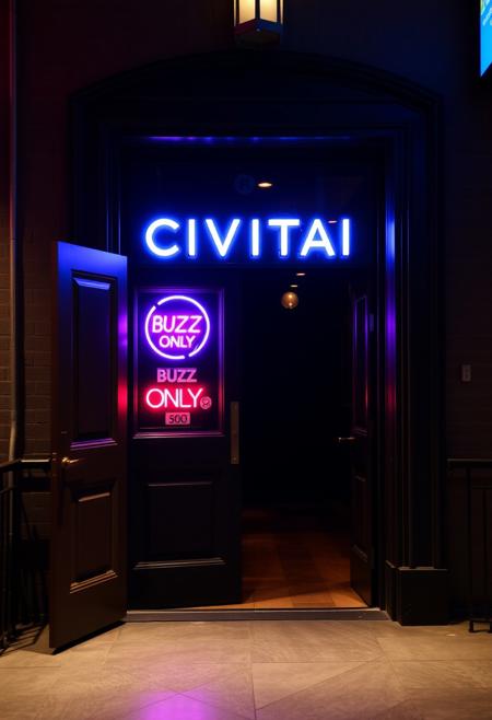 Openned CIVITAI nightclub door with a bodyguard on the door side, one neon sign "BUZZ ONLY", one smiley sign, and an empty entrance line