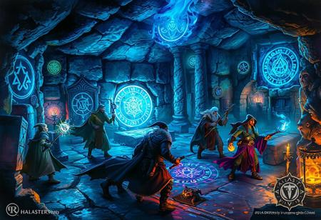 a detailed fantasy poster of the Arcane Chambers in Undermountain. Four adventurers—a human wizard casting a spell, an elf rogue examining a teleportation circle, a dwarf fighter, and a tiefling cleric—navigate a chamber filled with glowing arcane sigils, enchanted doors, and a gravity-reversed section. A spellcasting enemy lurks in shadows. Treasures like a spellbook and glowing artifact are visible. Dynamic magical lighting in blues, purples, and greens contrasts with warm torchlight. Floating motes and arcane patterns add depth. Halaster’s glyph is subtly hidden. Style: realistic with fantasy flair.