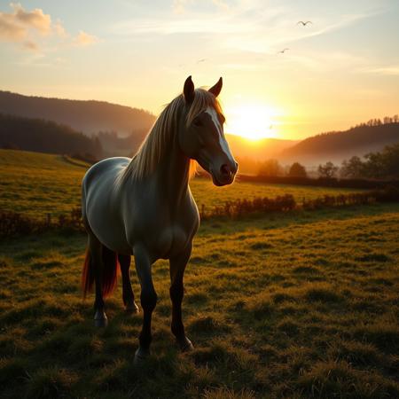 an old shire horse, weary, magnificent stands in an english grass field, hedge rows, birds, woodland near by, the sun sets between two hills, the horse gazing into the distance, it is sunset of his life
