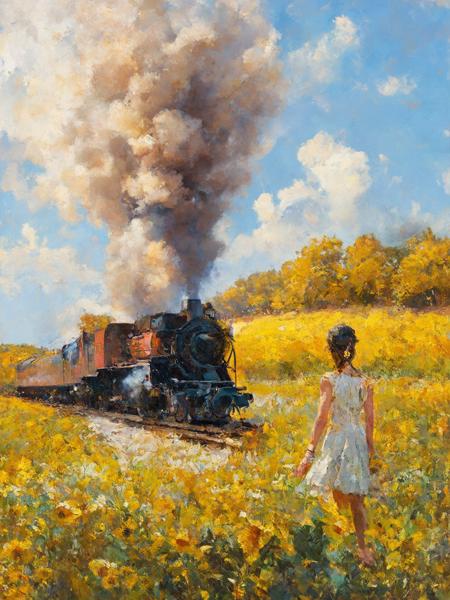 masterpiece, stunning, beautiful,
a wide field of sunflowers under an impressionist vanilla sky, warm and bright colors,
a steam train approaches from the background of the image, speeding towards the viewer, the steam rising into the impressionist vanilla sky and becoming one with the clouds in a giant whirl of impressionist brushstrokes,
a woman in a summer dress stands in the distance, observing the steam train passing by,
