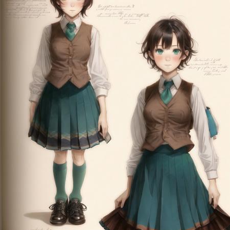 <lora:spiderwickwikia:1> , spiderwickwikia, picture, paper, book, drawing of, 
1girl, bangs, bent over, black footwear, blue skirt, blue socks, blush, breasts, brown hair, brown vest, collared shirt, green eyes, grey background, looking at viewer, looking back, looking through legs, medium breasts, open mouth, pleated skirt, shirt, shoes, short hair, simple background, skirt, sleeves rolled up, socks, solo, standing, upside-down, vest, white shirt