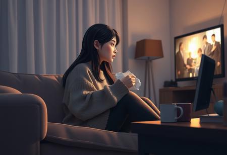 A side view of a young woman watching a profound dramamovie on her TV in a cozy living room, depicted in a highly detailed, semi-realistic 3D digital illustration style. She sits comfortably on a plush couch, her legs curled up beneath her, wearing a cozy sweater and leggings. Her long black hair cascades over her shoulder as she leans slightly forward, engrossed in the flickering images on the screen. She's holding a crumple tissue paper in her hand. The room is softly illuminated by the TV's glow, highlighting the gentle contours of her face and casting warm shadows that enhance the inviting atmosphere.  A coffee table in front of her holds a mug, couple of items, adding to the lived-in, homely feel of the scene.