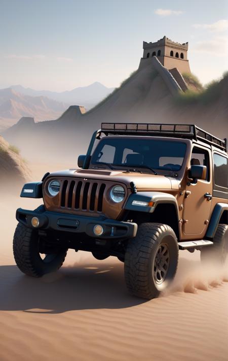 JEEP Wrangler, Desert, Great Wall, Grassland,masterpieces,octane render,atmospheric,volumetric lights,Cinematic,delicate,unreal engine 5,