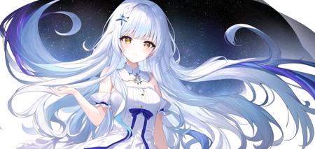 1gril,clear face,High definition,(white background:1.2),paint effect, long hair girl with white mixed with rainbow color flowing hair and starry color clothes,Beautiful hair,white hrie,rainbow hair