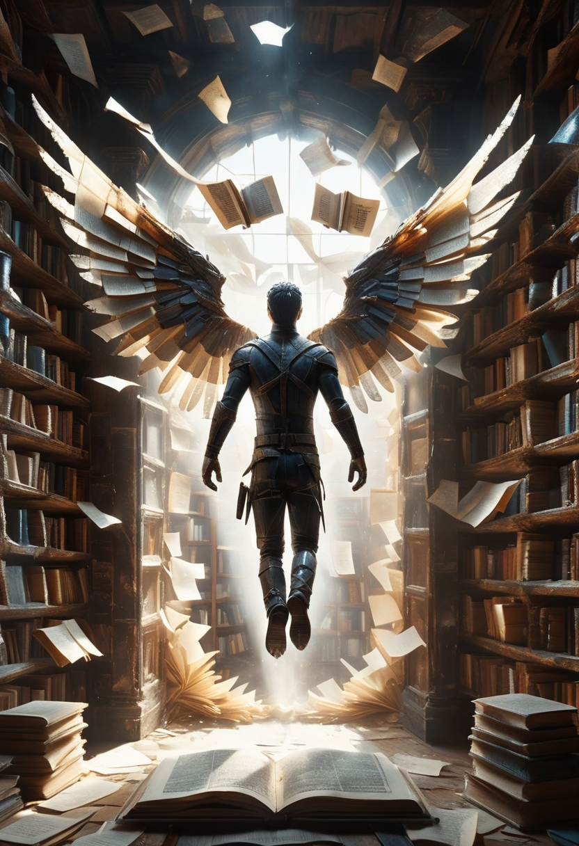 portrait a flying man looks into the open world from a room of books, wings from books, flying pages,( back:1.4), dust, cobwebs, an open window, nature, sunlight, light and shadow, DonMB00ksXL, 8k, F2.8, RAW Photo, ultra detailed, <lora:DonMB00ksXL:1>  <lora:Made_of_pieces_broken_glass_v2:0.7>