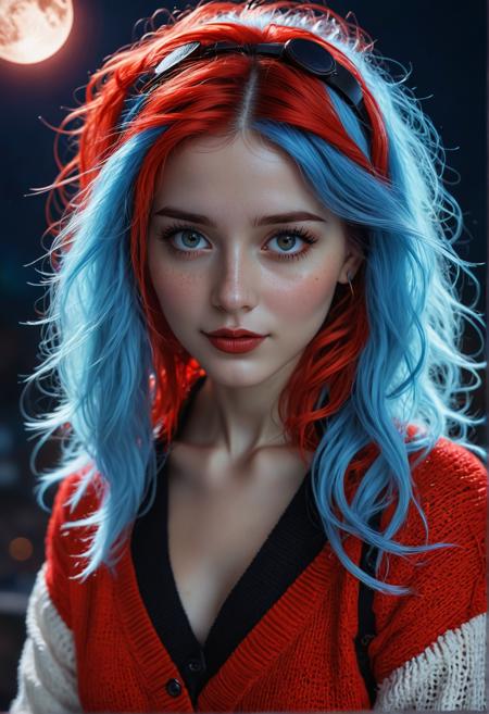 beautiful fluffy animal <lora:light_contour_sdxl:1.0>, beautiful detailed eyes, red, approaching perfection, outfit, wires, girl, moon, seductive smile, film grain, masterpiece,best quality   35mm photograph, studio lighting, sweater, bright, fantasy style, detailled eyes, trending on artstation, blue hair, huge filesize, masterpiece, ultrarealistic