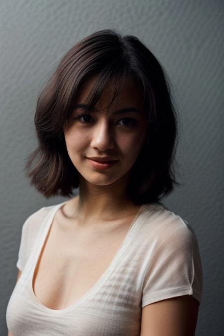 (1girl), shy smile, 25 year old, (plain white T shirt), Poking Nipples, (Rembrandt Lighting style), shadow, skin tone style, skin texture style, detailed skin, skin pore,