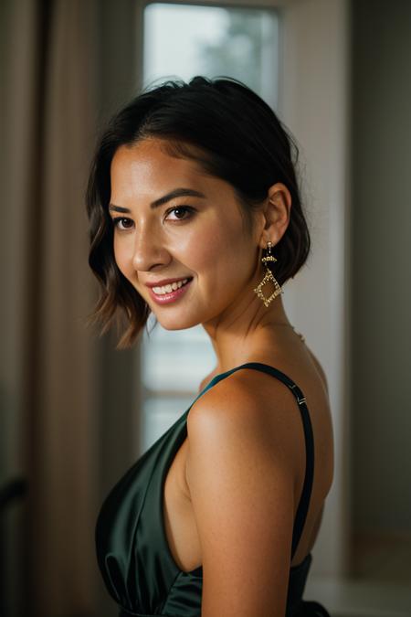 Realistic photo of a beautiful 0l1v14m woman,  1girl, solo, breasts, smile, short hair, black hair, dress, brown eyes, jewelry, medium breasts, upper body, earrings, teeth, blurry, lips, looking to the side, sideboob, blurry background, watermark, web address, realistic, very short hair, photo background, soft lighting, professional Photography, Photorealistic, detailed, RAW, analog, sharp focus, 8k, HD, DSLR, high quality, Fujifilm XT3, film grain, award winning, masterpiece<lora:0l1v14m:1.0>