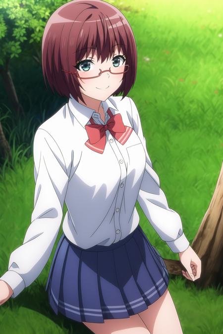 1girl, reddish purple hair, light blue eyes, eyebrows visible through hair, glasses, looking at viewer, short hair, smile,  bow, bowtie, long sleeves, pleated skirt, red bow, red bowtie, school uniform, shirt, skirt, solo, white shirt, mutsu_amatani, <lora:add_detail:0.7>