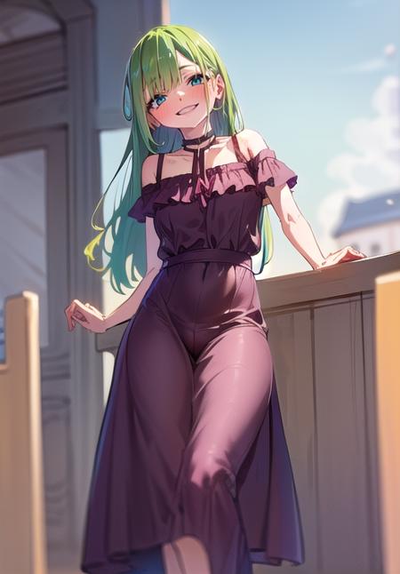 (masterpiece), 1girl,  <lora:yamada_gotyui_style:1.4>, green hair, long hair, blue eyes, smile, dress,