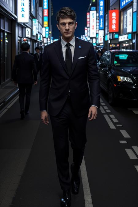 RAW photo, <lora:Lucas-10:1> Lucas wearing a black Armani suit, walking on an empty Tokyo sidewalk at night, lights, neon, highly detailed, dynamic lighting