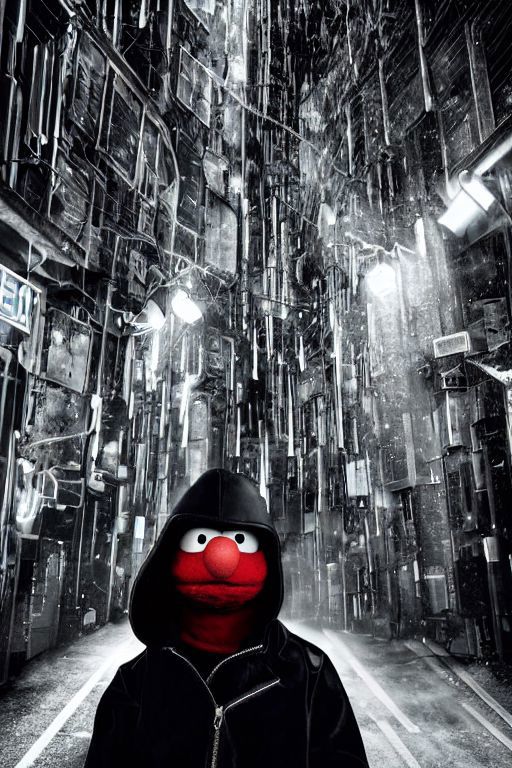 Elmo from Sesame Street wearing a hooded cape in a futuristic cityscape.