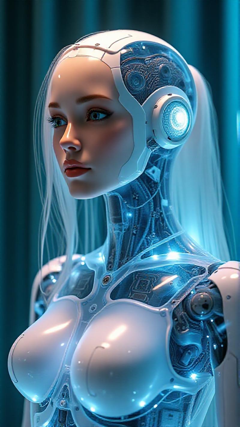 A futuristic portrait of a humanoid robot. The robot's body is made of translucent materials, and its internal structure is clearly visible, including circuit boards and light-emitting elements. The robot has soft facial features with feminine features, including long hair and breasts. The robot's head and neck are structurally complex, with many connecting points and lines, suggesting its precise construction and possible versatility. High-tech and futuristic living concepts, cold and mechanical beauty, bioluminescence, fiber optics, masterpieces, octane rendering, unreal engine