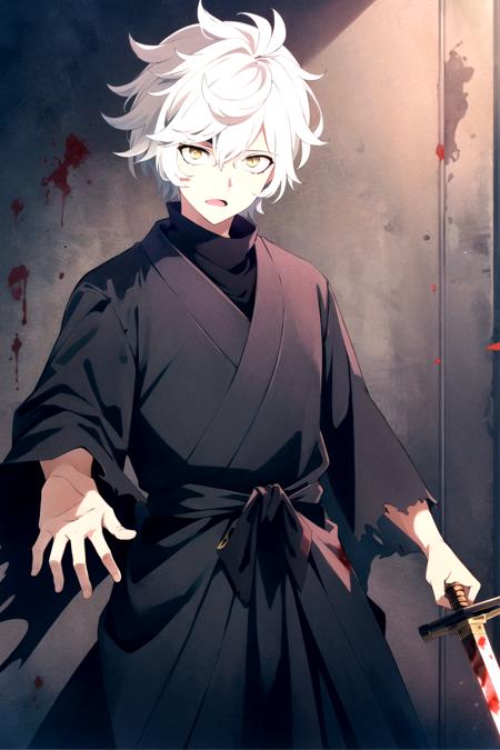 (masterpiece:1.2, best quality), Gabimaru, 1boy, male focus, holding sword, solo, white hair, yellow eyes, looking at viewer, torn clothes, black robe, open mouth, closed mounth, indoor prison cell, blood covered cell, blood splashes, blood, cowboy shot, detailed background, complex structures