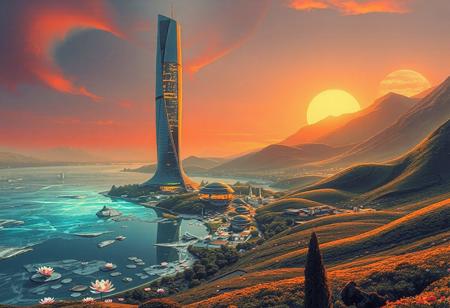 Planet Xylophia-IV, a stunning celestial body known for its breathtaking landscapes, making it an attractive destination for human colonization and terraforming efforts in the late 22nd century.
Soft, serene sky with reds and oranges
A tranquil, crystal-clear  ice lake reflects the aurora's ethereal dance, its surface dotted with lotus-like, bioluminescent flora that pulse in harmony with the planet's natural energy; undulating, emerald-green hills rise gently, covered in a lush, alien vegetation that shimmers with a subtle, rainbow hue; the rugged, ruby mountain range stretches across the horizon, its peaks hiding ancient, alien ruins and mysterious energy sources.
The center object is a majestic, spiral-shaped skyscraper, that pierces the sky, its surface adorned with a latticework of neon-lit, retro-futuristic accents; the spire serves as New Eden's heart, housing the colony's administration, a renowned intergalactic research center, and a luxurious, zero-gravity hotel.
As the dual suns dip below the horizon, New Eden transforms with a warm, golden lighting scheme, accentuating the retro-futuristic elements and casting a magical glow across the landscape.
Panoramic shot from a elevated vantage point, capturing the entirety of New Eden, the lake, and the majestic distant mountain ridge.