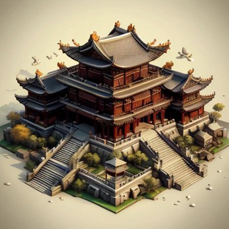 isometric chinese style architecture，Chinese man stay in chinese style architecture