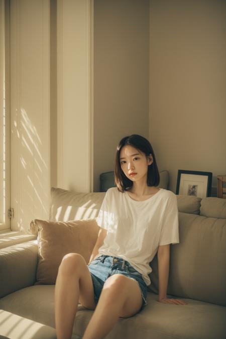 living room sitting on the sofa,bright bright,White Balance 3000,
white t-shirt,romanticism,atmospheric,
RAW photo,8k,best quality,ultra high res,beautiful,
unity 8k wallpaper,ultra detailed,beautiful and aesthetic,
(photorealistic:1.4),(extremely intricate:1.4),
(exquisitely detailed skin),perfect anatomy,best shadow,delicate,
perfect lighting,