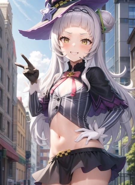 1girl,masterclass,best quality, small breasts, cowboy shot,outdoors, city,smile,hand_to_own_mouth,black gloves,single hair bun, witch hat,  vertical-striped_shirt,pinstripe_shirt,crop top,miniskirt, ShionDefault, <lora:ShionV2D8_e6:1>