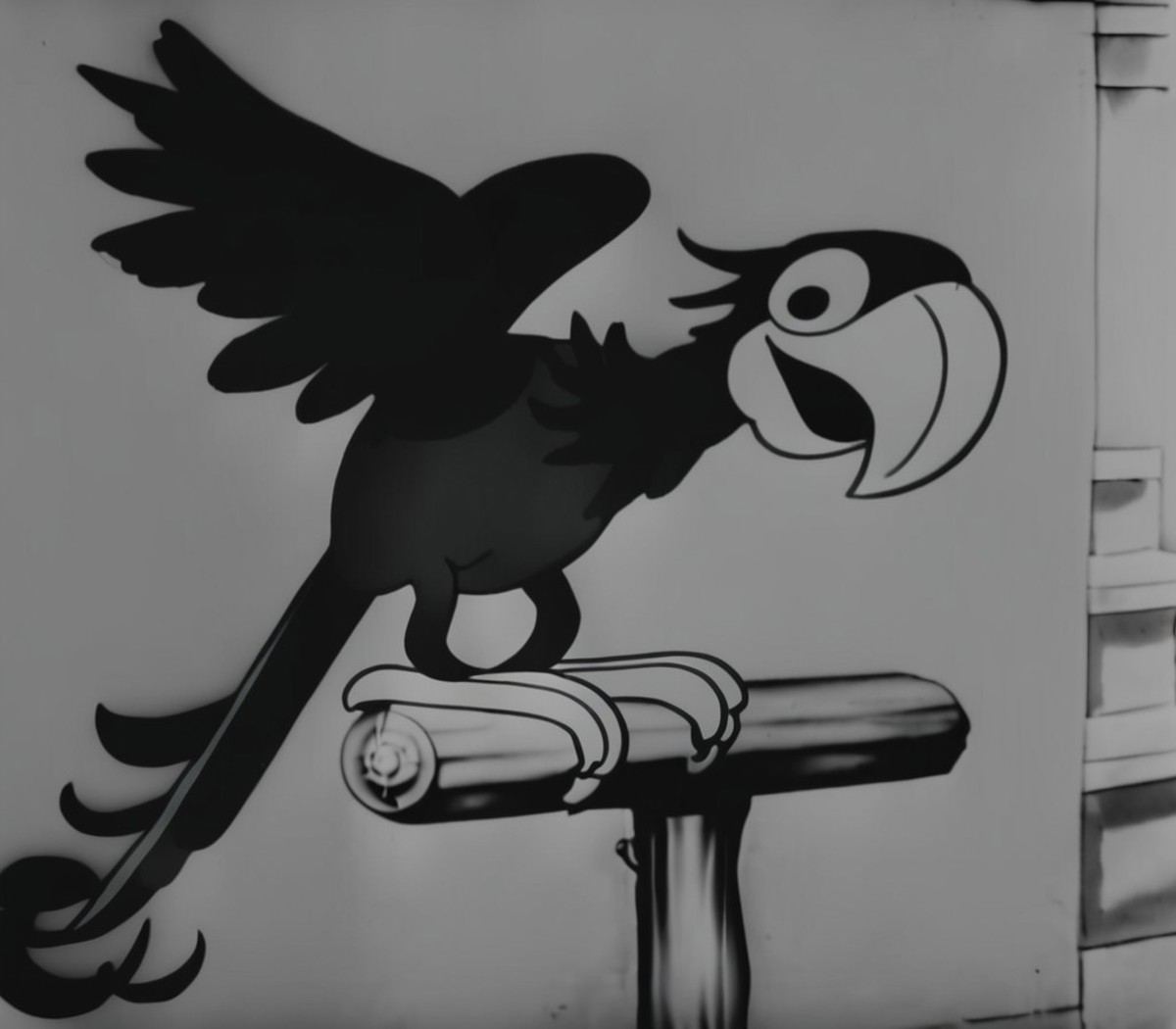 1920s animation, parrot on stand looking down closeup, spread wings, stairs, solo, bird, animal focus
<lora:steamboat_will...