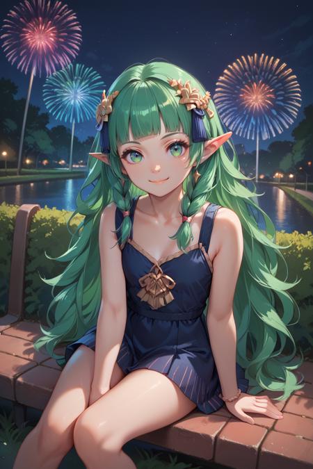 FESothis, 1girl, green hair, long hair, blunt bangs, pointy ears