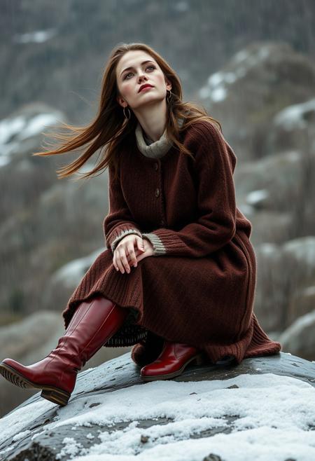 cinematic film still, very beautiful slavic woman, no make up, winter`s felt outfit (felt skirt and felt sweater and red boots), blush, natural hair, head tilt, hair blowing in the wind, full-length, She sits beautifully on her knees on the raining rock , arctic circle rain drift, raining, spring, chill bumps, approaching perfection, dynamic, highly detailed, smooth, sharp focus, intricate details, shallow depth of field, vignette, high budget, bokeh, cinemascope, moody, epic, gorgeous, film grain, grainy