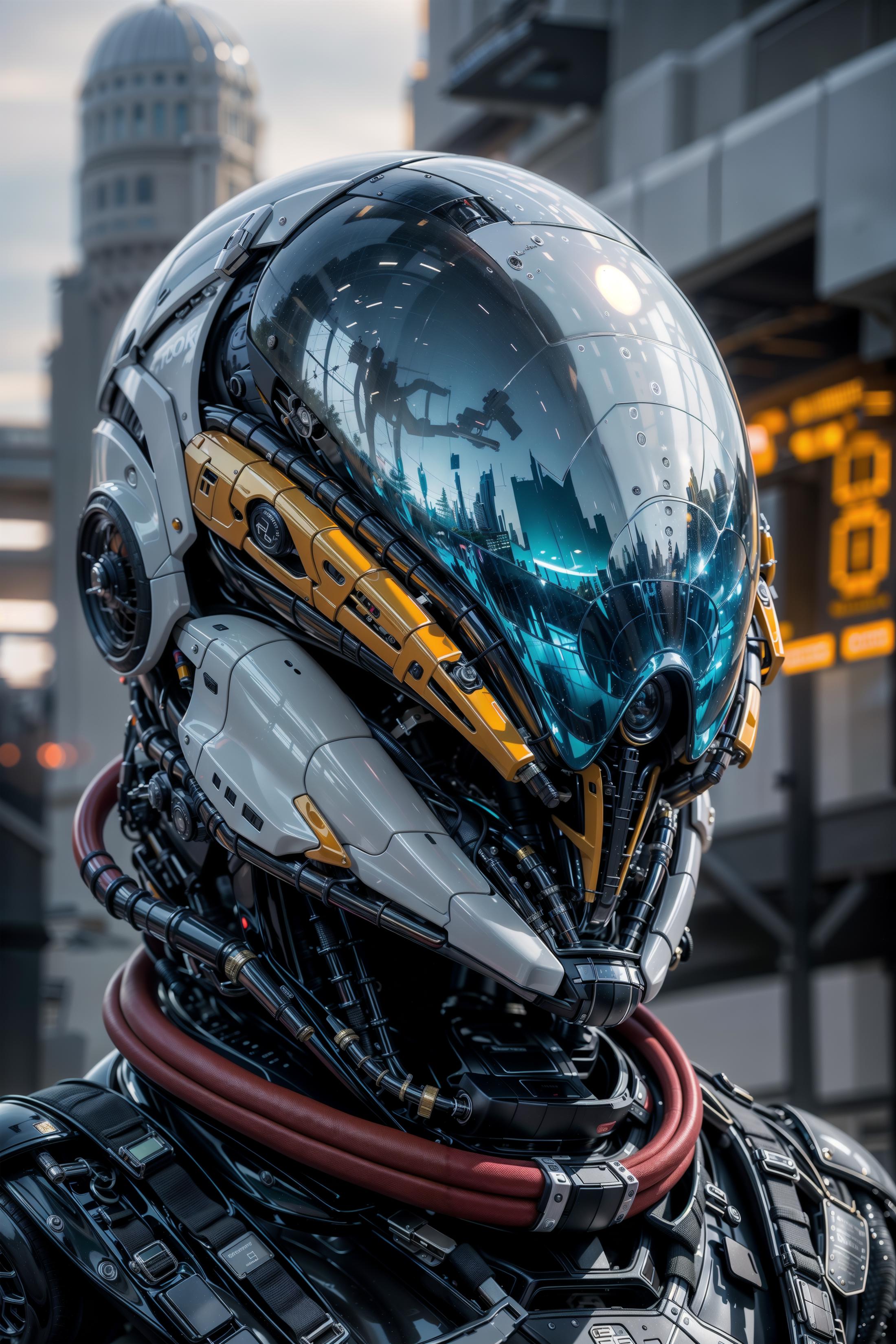 A futuristic robot head with a metallic and yellow color scheme, reflecting the cityscape.