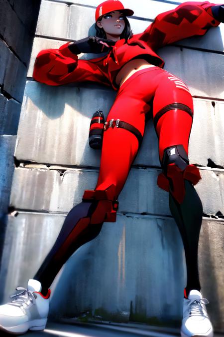 ((upper body:1.2, leaning on a wall, foot on wall, graffity, dark alley, look from under cap, glowin eyes,)) <lora:RubyLoRA:0.9> ruby, red cap, red outfit, gloves, black gloves, white shoes, beautiful eyes, beautiful girl, high detail skin, high detail eyes, high detail hair, highres, ultra detailed, sharpen picture, Highly detailed, masterpiece, best quality, photorealistic,