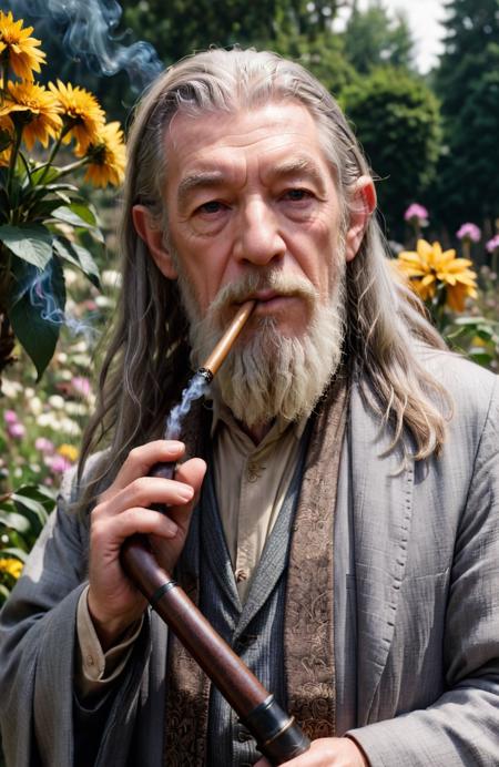 cinematic photo <lora:FF.89.realisticStockPhoto_v10.lora:1> gandalf smoking pipe, Sir Ian McKellen, 8K, RAW, photography, atmospheric, cinematic, contrast, flowers, futuristic, expression, emotion, --CYBERMASK, --GIALLOSTYLE, --80sdarkfantasysd15b . 35mm photograph, film, bokeh, professional, 4k, highly detailed