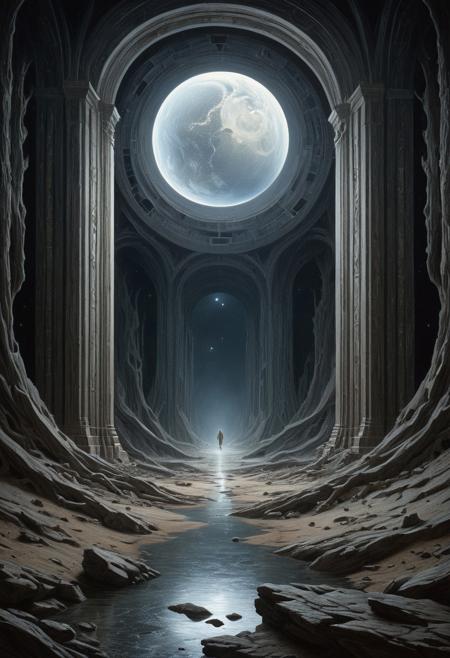 Irritating eternal endless emptiness of space fulfilled with the immense inexhaustible irresistible source of awe and horror, masterpiece, best quality, detailed, high quality, scenery, by xavier valls