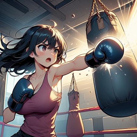 hanging sandbag outstretched fist punching impact spiral wind on fist boxer helmet boxing gloves tank top training gym wind glowing speed lines