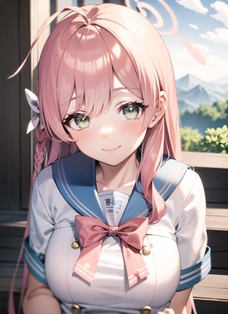 <lyco:hanako1-000008:1.0>, hanakodef, upper body, smile, blush, outdoors, day, simple background, blue sky, sky, temple, looking at viewer, stairs, mountain, moody lighting, facing viewer,