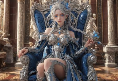 score_9, score_8_up, score_7_up, score_6_up, score_5_up, score_4_up, 1girl(Tall, muscular, gray hair, braided hair, dressed in highly detailed dressed, blue eyes, magic scepter, cute face) sitting on ornate throne
full body shot, 8k, high quality, indoors, bright light, FastNegativeV2