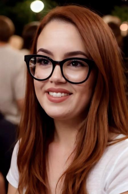 Photo of j3ssc4r0l1n3 woman, detailed face, (blurred background)+, white tshirt in a night party, glasses