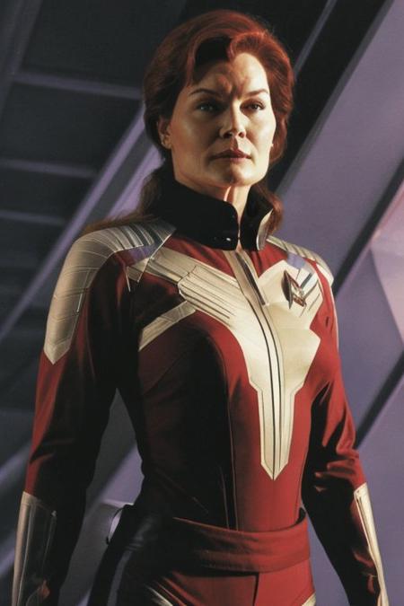masterpiece, best quality, high quality, highres, ARTSTYLE_AlexRoss_ComicArt_ownwaifu, solo, Captain Janeway, played by Kate Mulgrew, Star Trek Voyager, upper body shot, wearing black and red Starfleet officer's uniform with a grey shirt collar, confident expression, realistic, starship bridge background, lora:ARTSTYLE_AlexRoss_ComicArt_ownwaifu-15:0.8, upper body, straight-on, looking_at_viewer, solo, starship bridge background