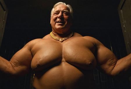 (photo, realistic, raw), (nighttime, at night, dark, dark hard shadows, cinematic atmosphere, movie grain, hazey atmosphere), closeup from below, (wise, gentleman, etherial, spiritual, emperor, king, god), old burly buff gentleman, old manly mature man, combed back hair,  doublechin, old tanned grandpa, wrinkly neck, proud big chest, thick neck, armpits, tanned skin, tight golden spandex, gold jewellery, gold necklace, in a dark locker room at night, nighttime,loving caring smile, intimite situation, romantic atmosphere, intimate lustful romantic expression, sad expression, belly and pecs from below