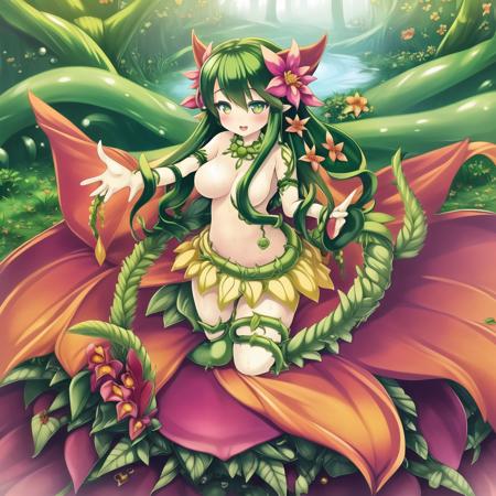 1girl, alraune \(monster girl encyclopedia\), full body, wet, nectar, vines, outstretched arms, plant, hands, slimy leaves, flower, <lora:alraune_2474:1>, masterpiece, best quality, masterpiece,