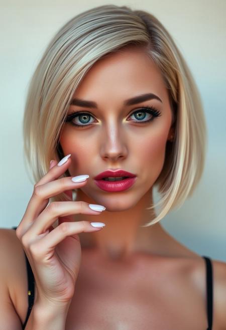 woman, blonde bobcut hair, parted half hair, green and blue eyes, eyeliner, smoking, deep drag,