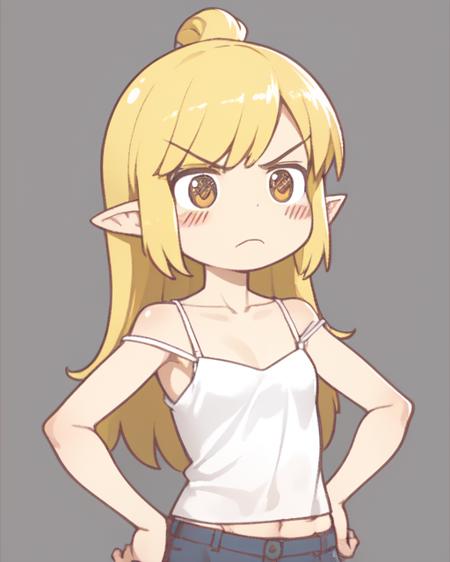 <lora:Ikiyouz-NAI-LyCORIS-512px:0.6>
1girl, solo, simple_background, chibi, standing, hands on hips,, blonde hair, pointy ears, camisole, v\-shaped_eyebrows, frown