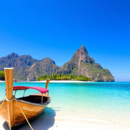 A scenic view of a beautiful beach with clear turquoise water and a traditional wooden boat in the foreground. the beach is located in the middle of the image, with a sandy shoreline and a few palm trees scattered around. in the background, there are tall, brown mountains with a clear blue sky above them. The sky is clear and blue, and the water is calm, with no clouds in sight. on the shore, there is a wooden boat with a red canopy, tied to the shore with a rope. The boat has a nameplate on it, and it appears to be empty. the overall atmosphere is peaceful and serene.