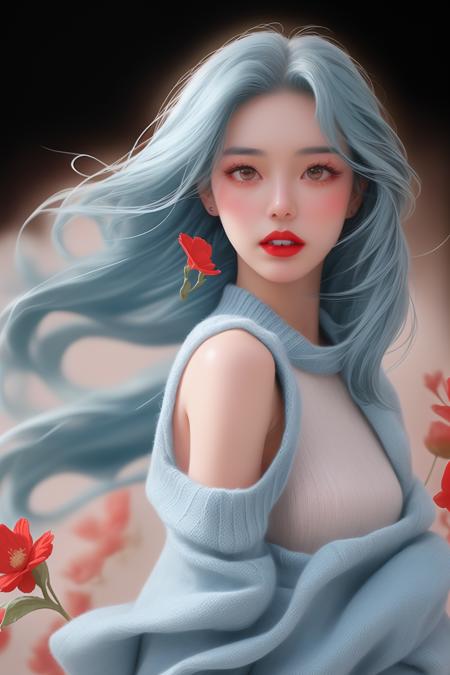 <lora:Mr_MC_R-WM_V1.2:0.8>,Mr_MC_R-WM_V1,girl,long hair, solo, floating hair,parted lips, red lips, lips, Blue hair, (flower),eyelashes,Knitted clothes