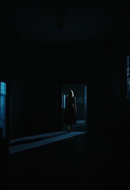 The room gradually transforming into a dark, twisted version of her reality, with shadows creeping closer, symbolizing her entrapment
